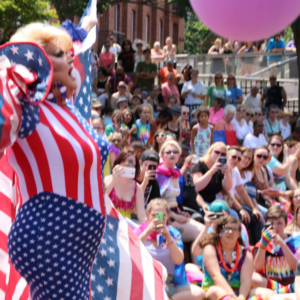 drag queen interacting with audience along carroll creek