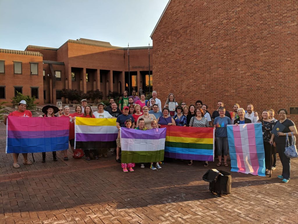 large group of people holding up each pride flag