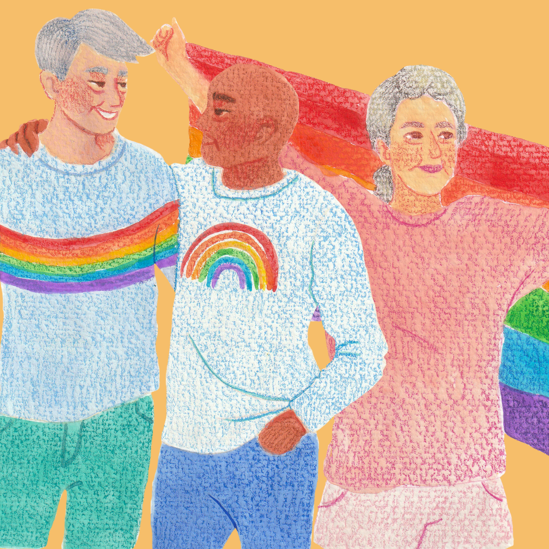 sketch of older adults in the LGBTQ+ community